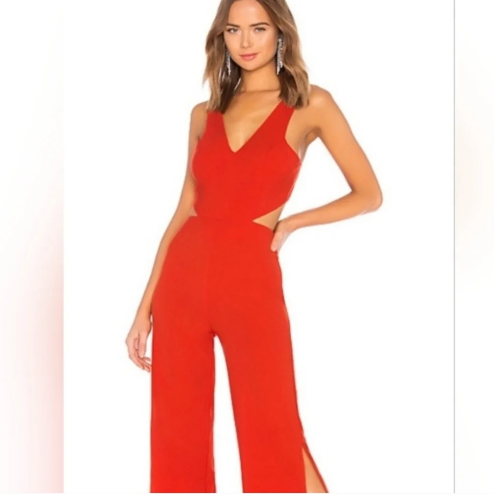 NBD × NAVEN Tiffany Fire Engine Red One-piece Cut Out Split Leg Jumpsuit - Picture 2 of 12